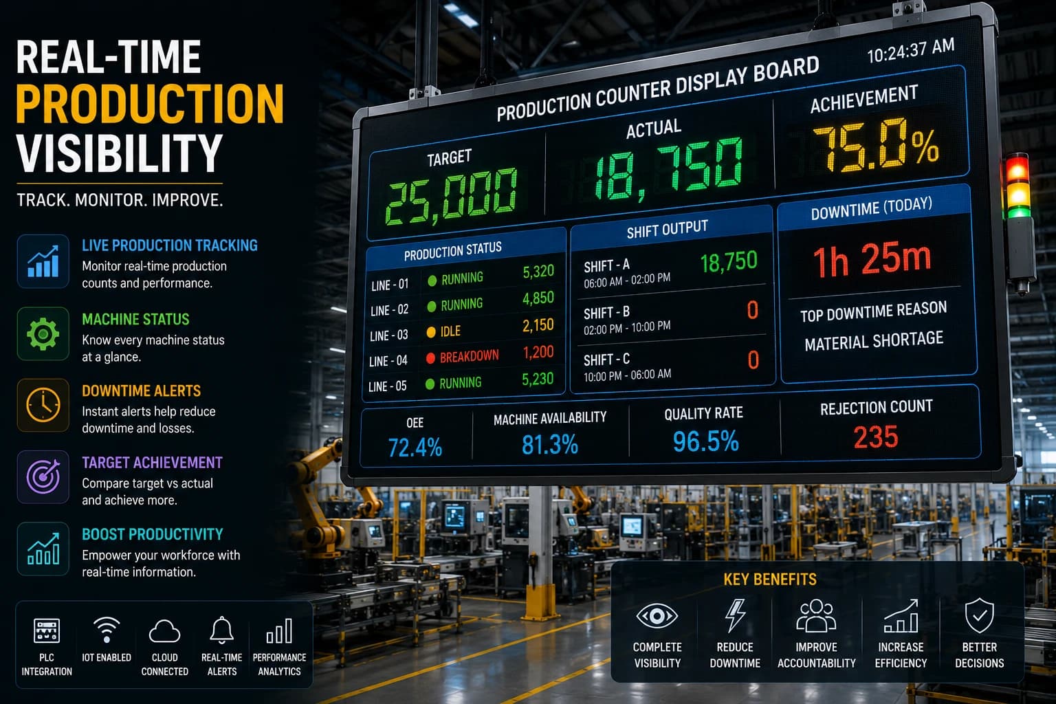 Production counter display board showing target vs actual production, machine status, shift output, and real-time manufacturing performance.