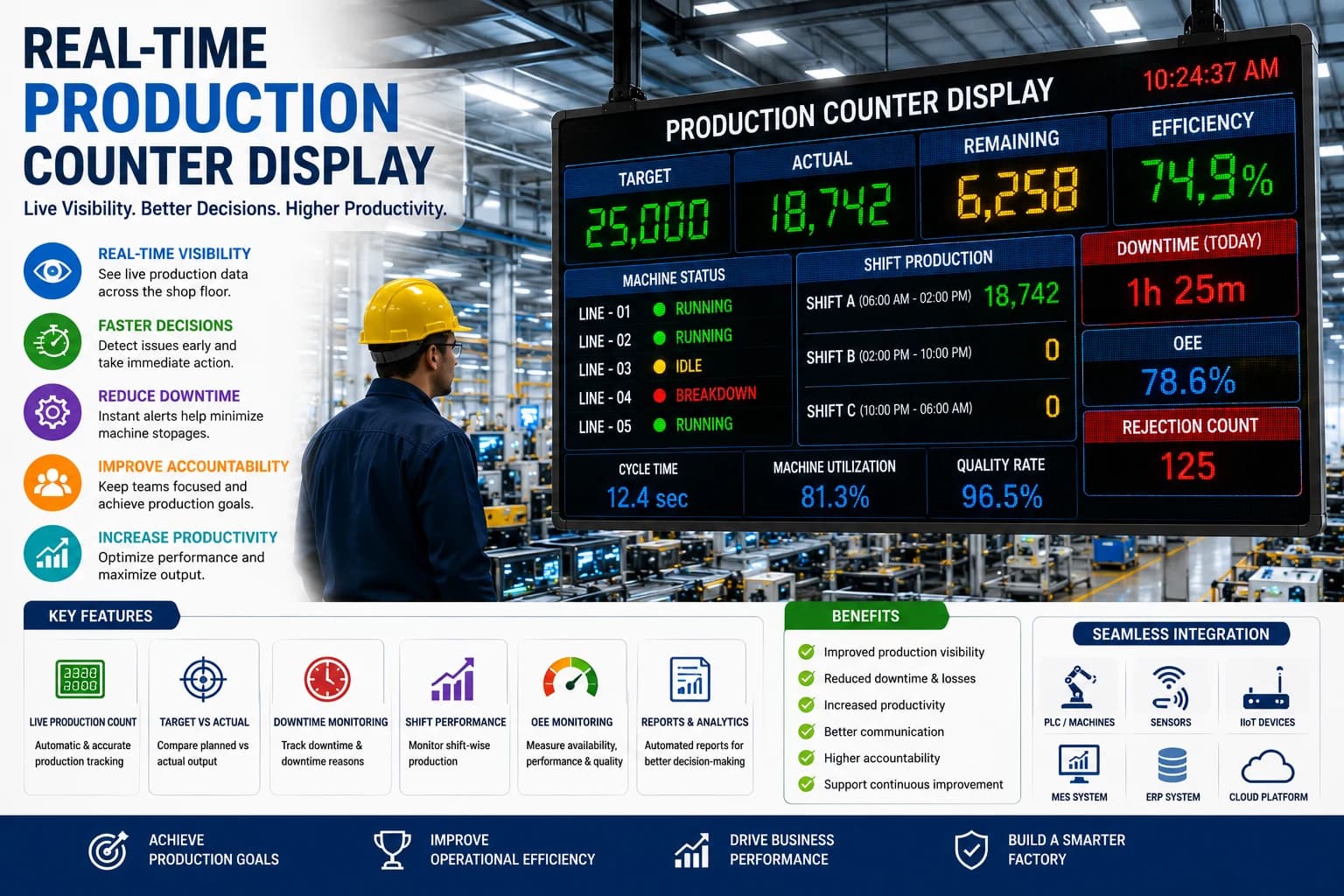 Real-time production counter display showing production targets, actual output, machine status, shift performance, downtime, and OEE in a manufacturing plant.