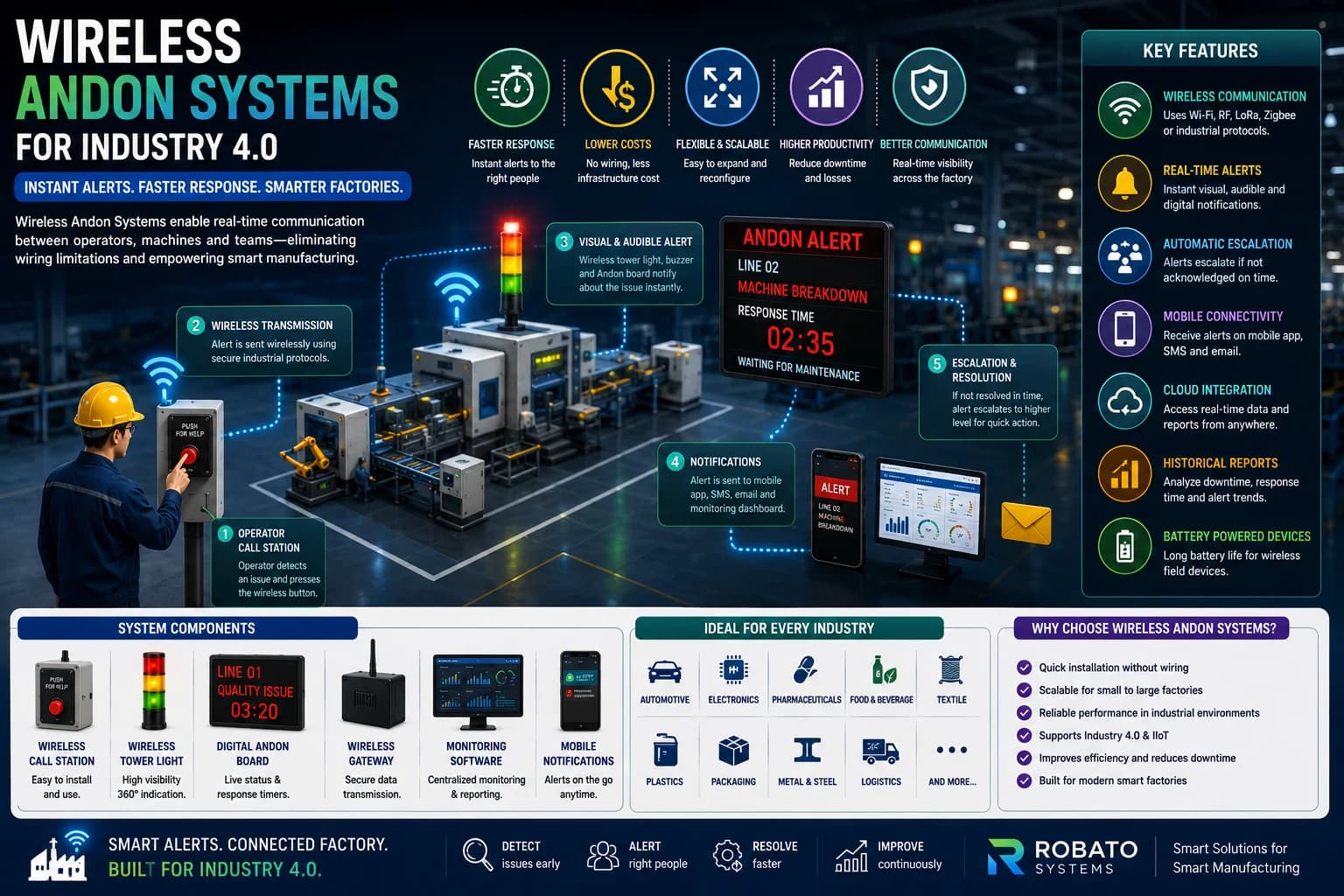 Wireless Andon system with tower lights, digital Andon board, mobile alerts, and real-time machine status monitoring in a smart manufacturing facility.