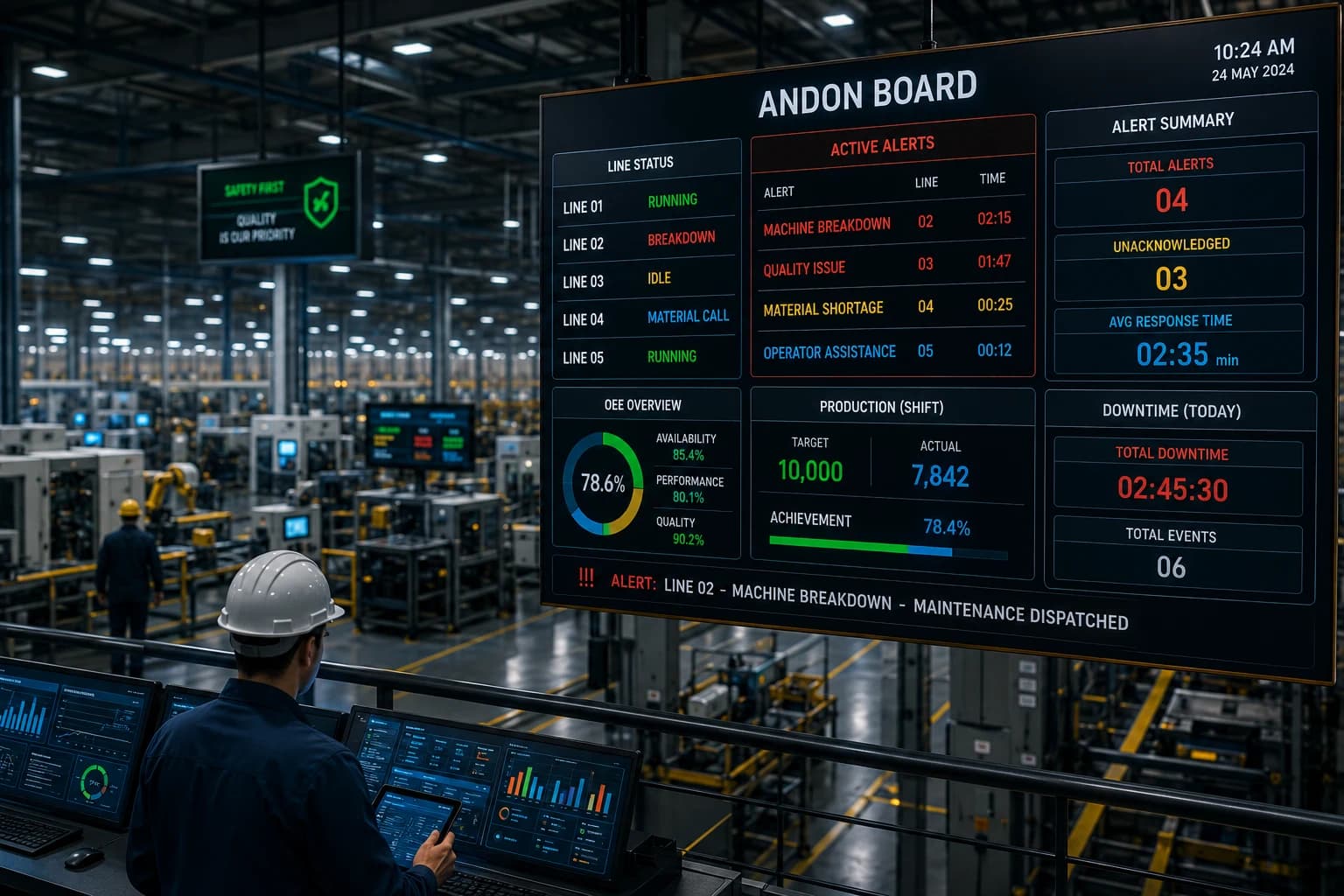 Digital Andon board installed on a factory shop floor displaying machine status, production alerts, downtime notifications, OEE, and production line performance.