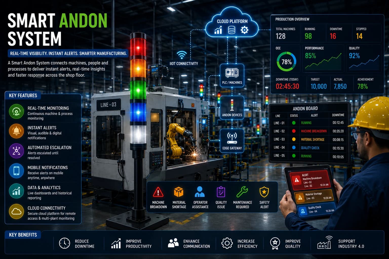Smart Andon System dashboard with real-time machine status, Andon tower lights, production alerts, IoT connectivity, cloud monitoring, and manufacturing analytics.