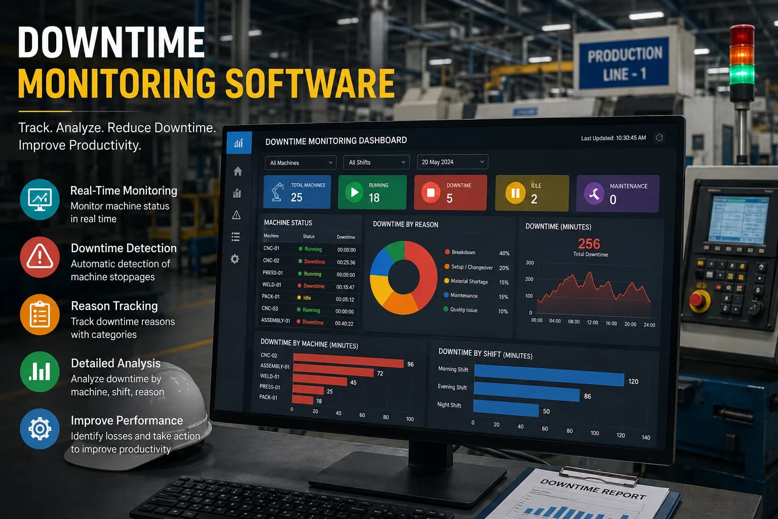 Downtime monitoring software dashboard showing machine status, downtime events, production losses, and equipment performance