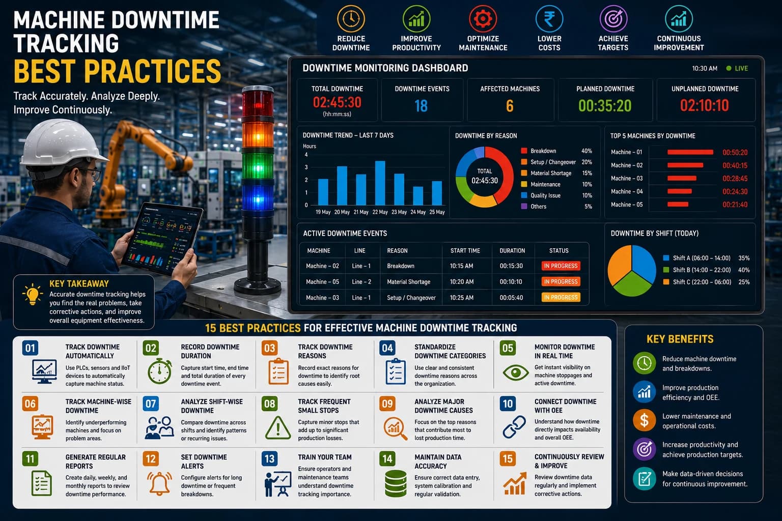 Machine downtime tracking dashboard showing equipment status, downtime duration, breakdowns, and production losses