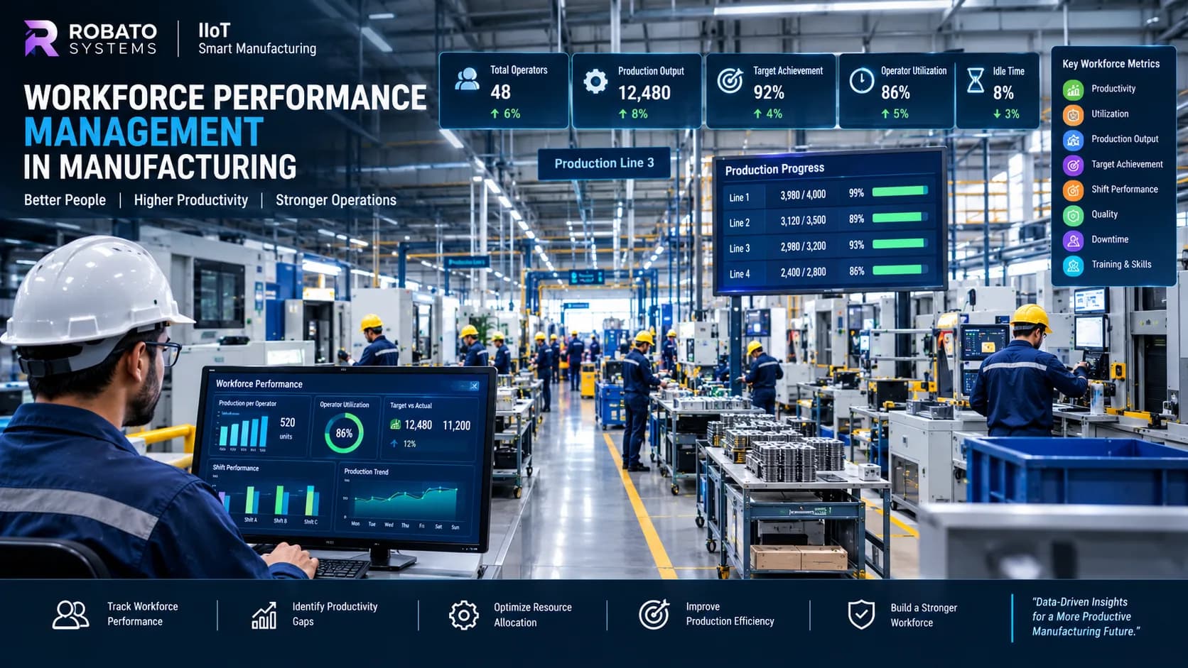 Workforce performance management dashboard showing operator productivity and manufacturing workforce performance