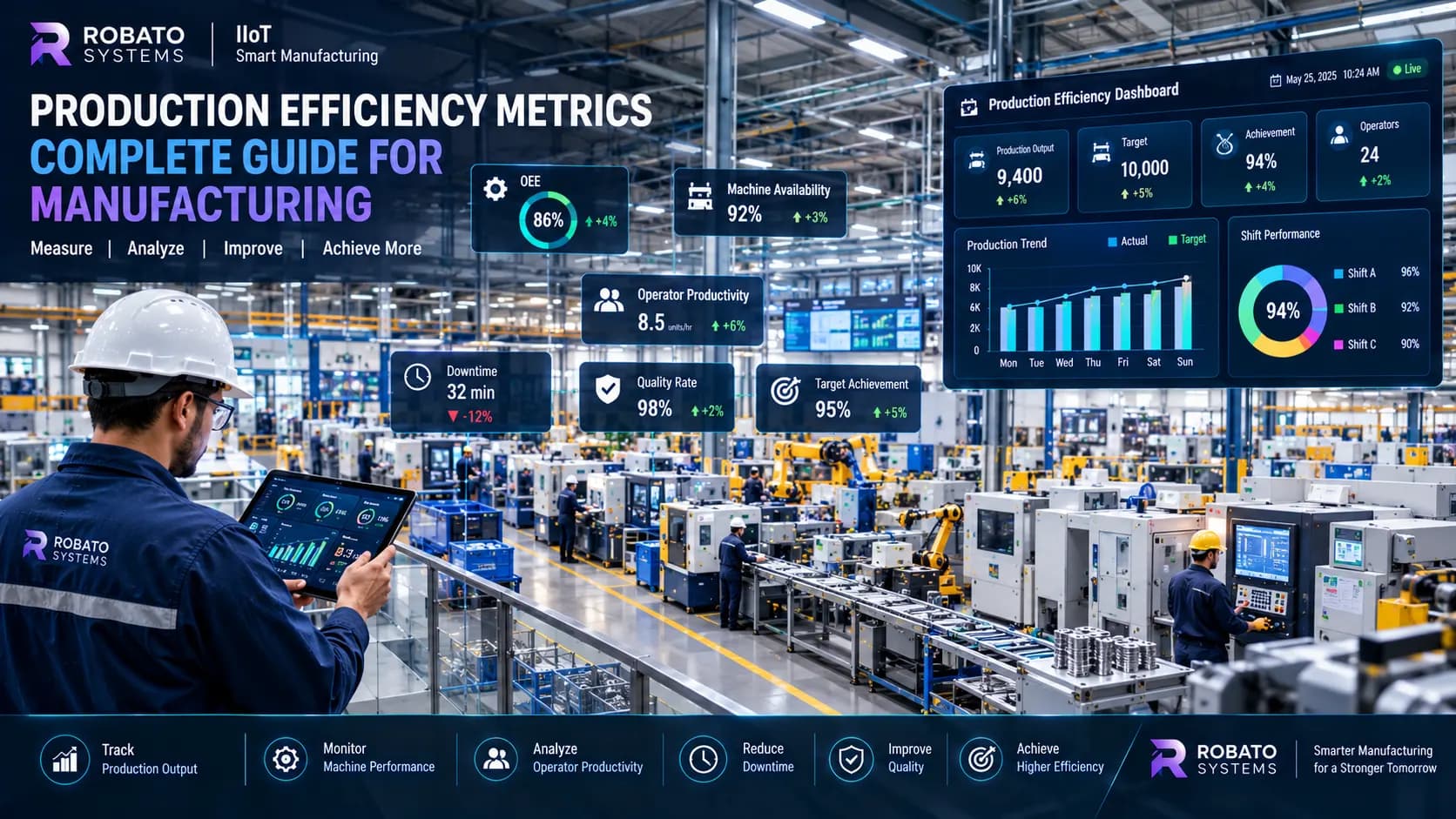 Production efficiency metrics dashboard showing manufacturing KPIs, OEE, downtime, productivity, and production performance