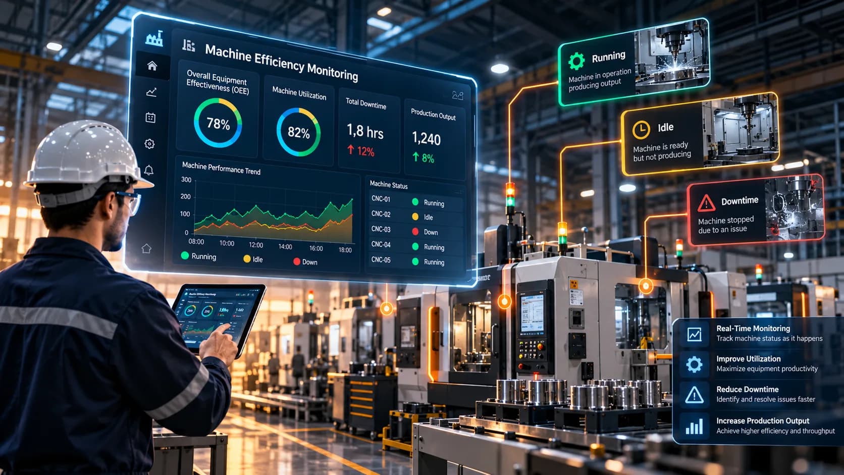 Machine efficiency monitoring dashboard showing real-time factory equipment status and production performance