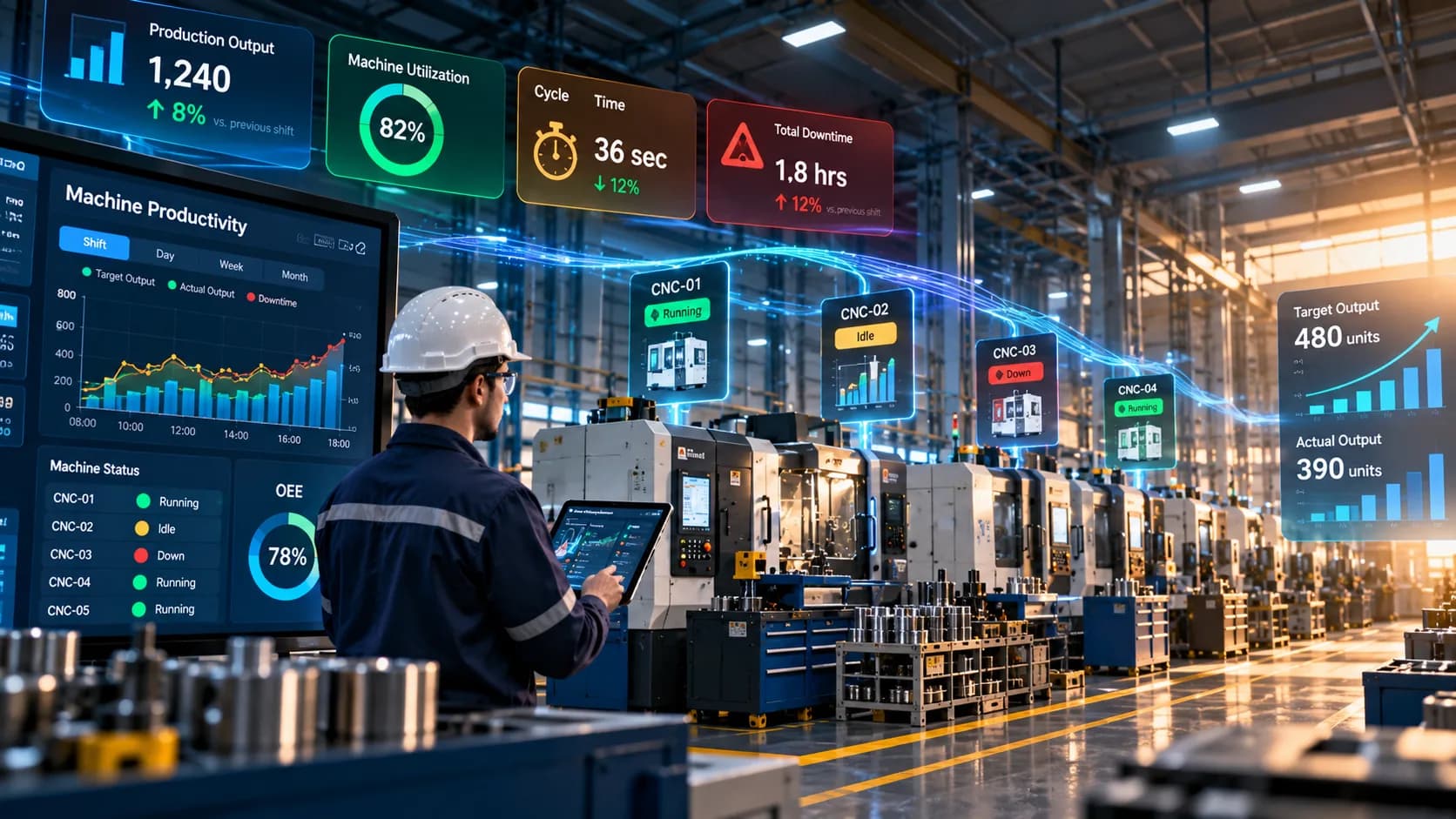 Machine productivity monitoring dashboard showing production output, cycle time, downtime, and machine performance