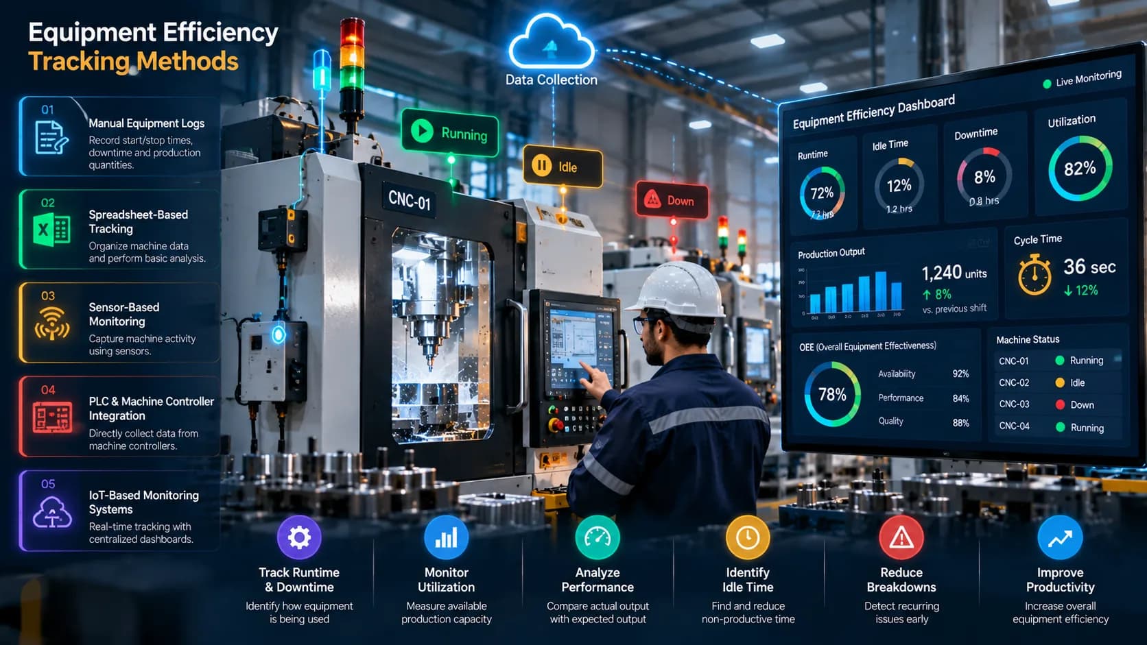 Equipment efficiency tracking dashboard showing machine utilization, runtime, downtime, and production performance
