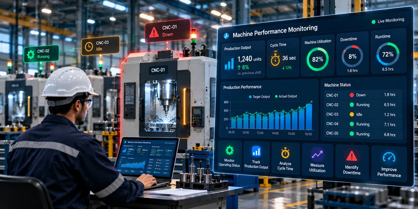 Machine performance monitoring dashboard displaying production output, cycle time, runtime, downtime, and machine status