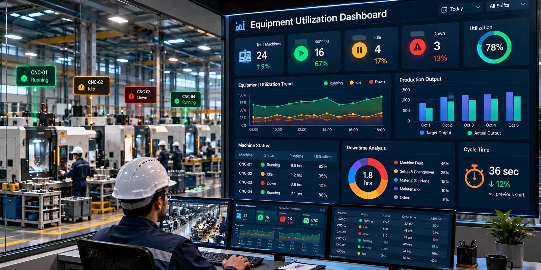 Equipment utilization dashboard displaying factory machine status, runtime, downtime, and utilization percentages