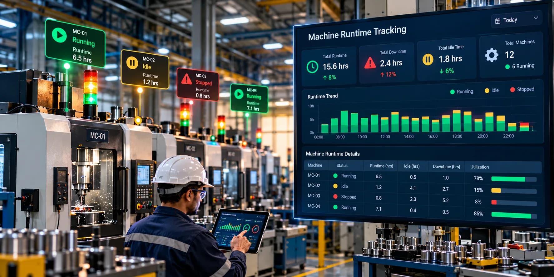 Machine runtime tracking dashboard showing factory machine operating hours, running status, and downtime reports