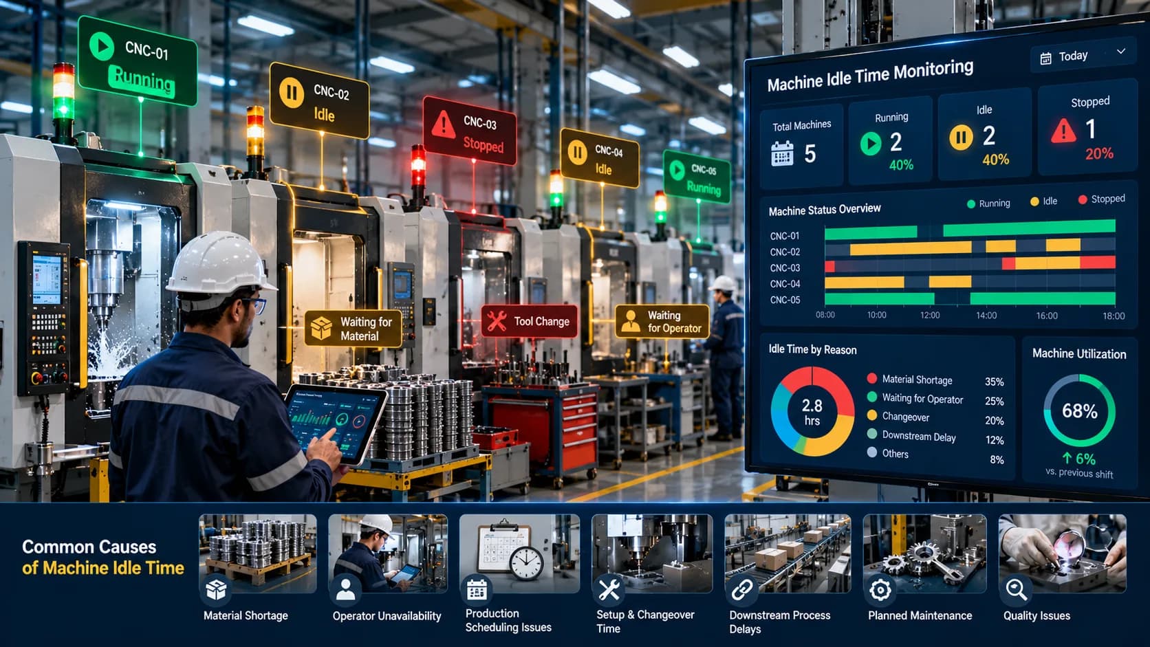 Machine idle time monitoring dashboard showing factory machine status, idle duration, and production delays