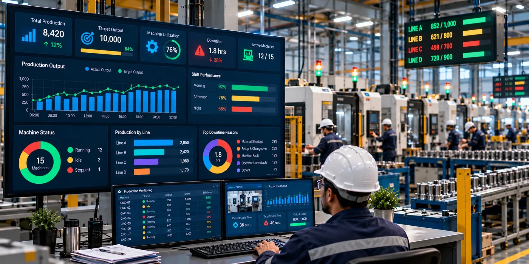 Factory productivity monitoring dashboard displaying production output, machine utilization, downtime, and manufacturing performance KPIs