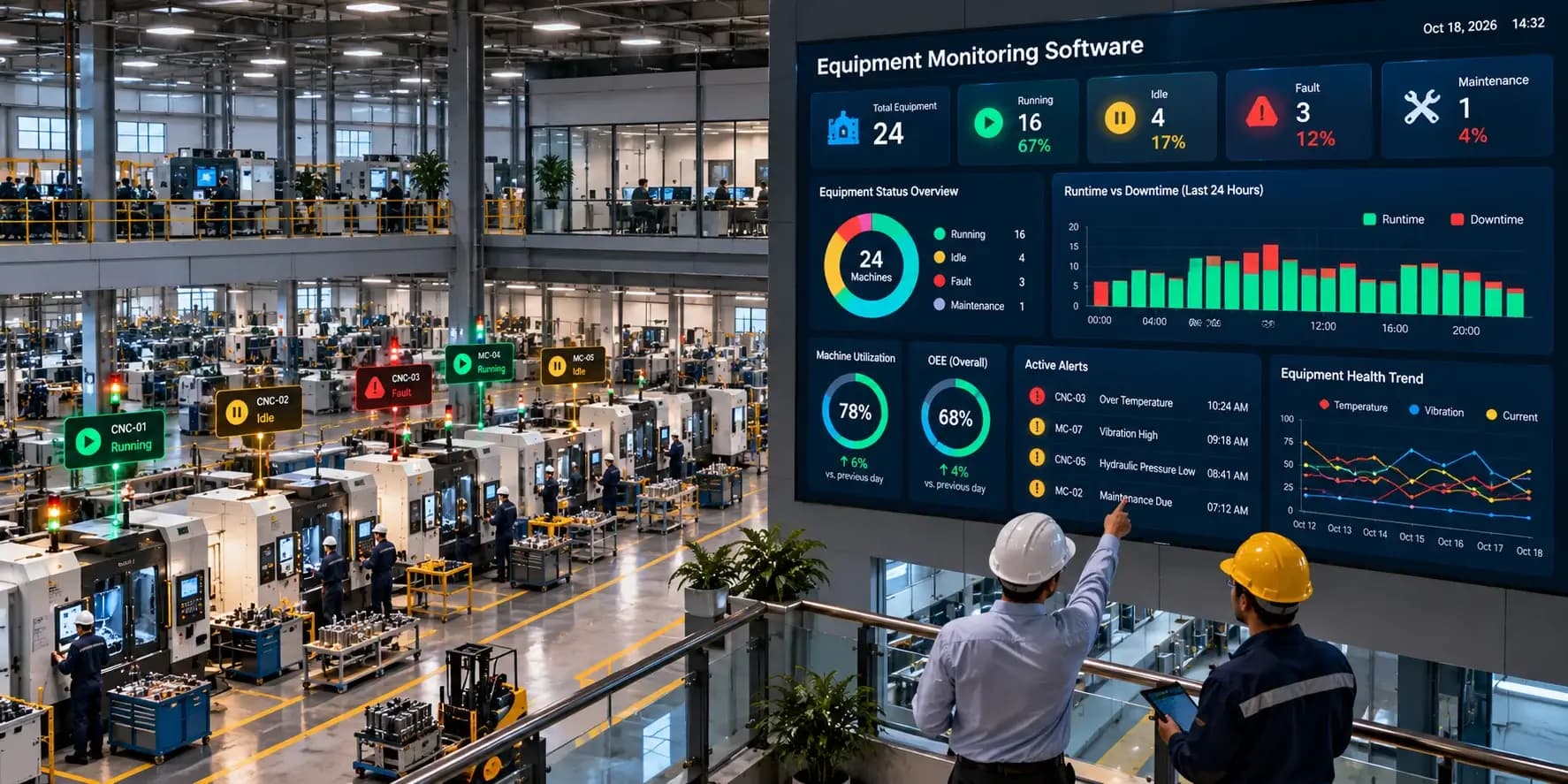 Equipment monitoring software dashboard showing industrial machine status, operating conditions, equipment health, and maintenance alerts
