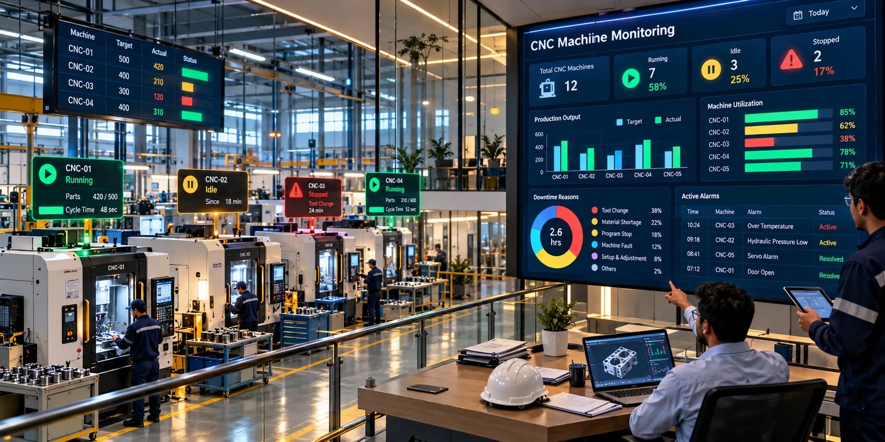 CNC machine monitoring dashboard displaying machine status, production output, cycle time, and downtime across a manufacturing shop floor