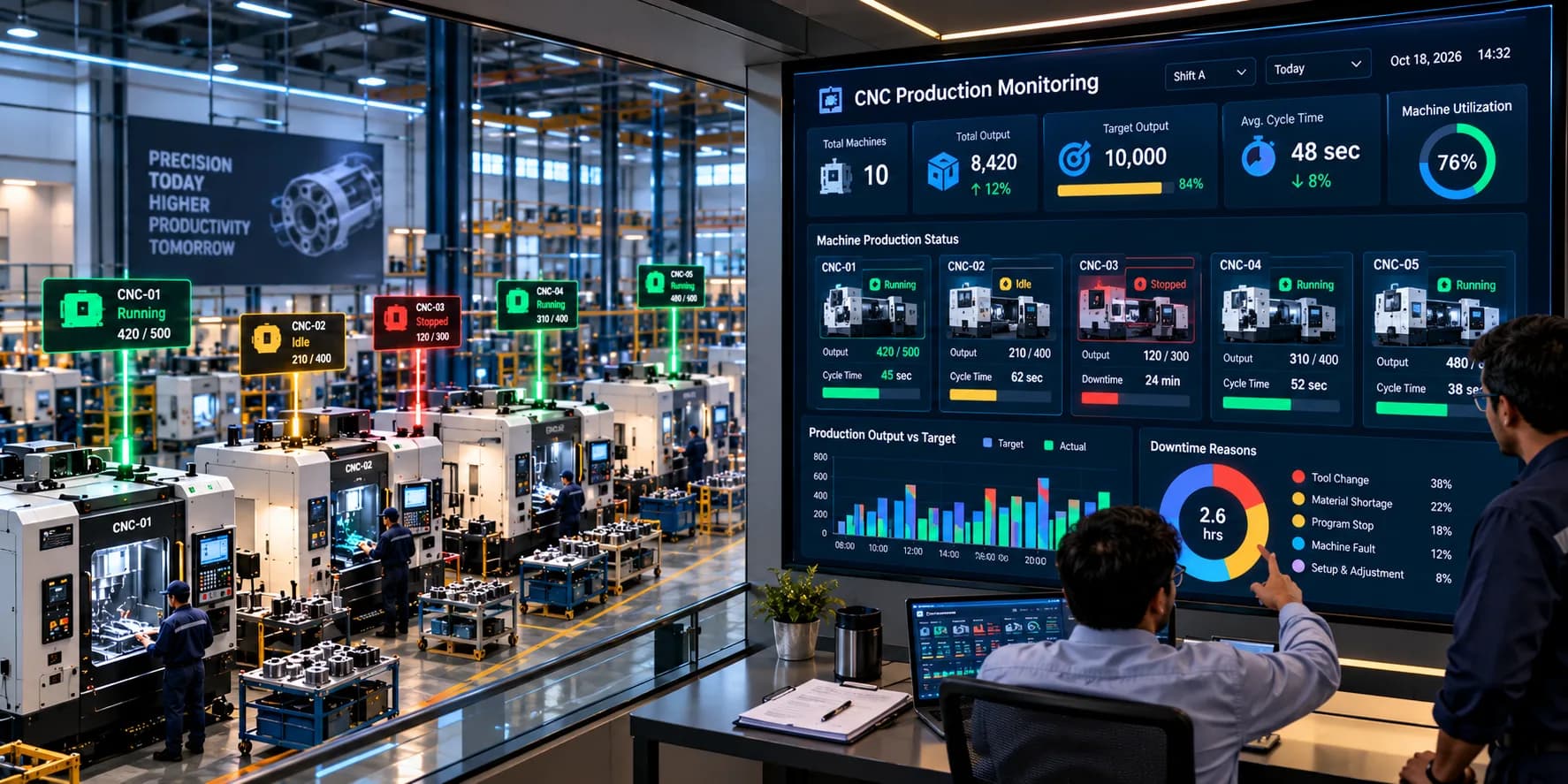 Real-time CNC production monitoring dashboard showing machine-wise production output, target versus actual performance, cycle time, and machine status