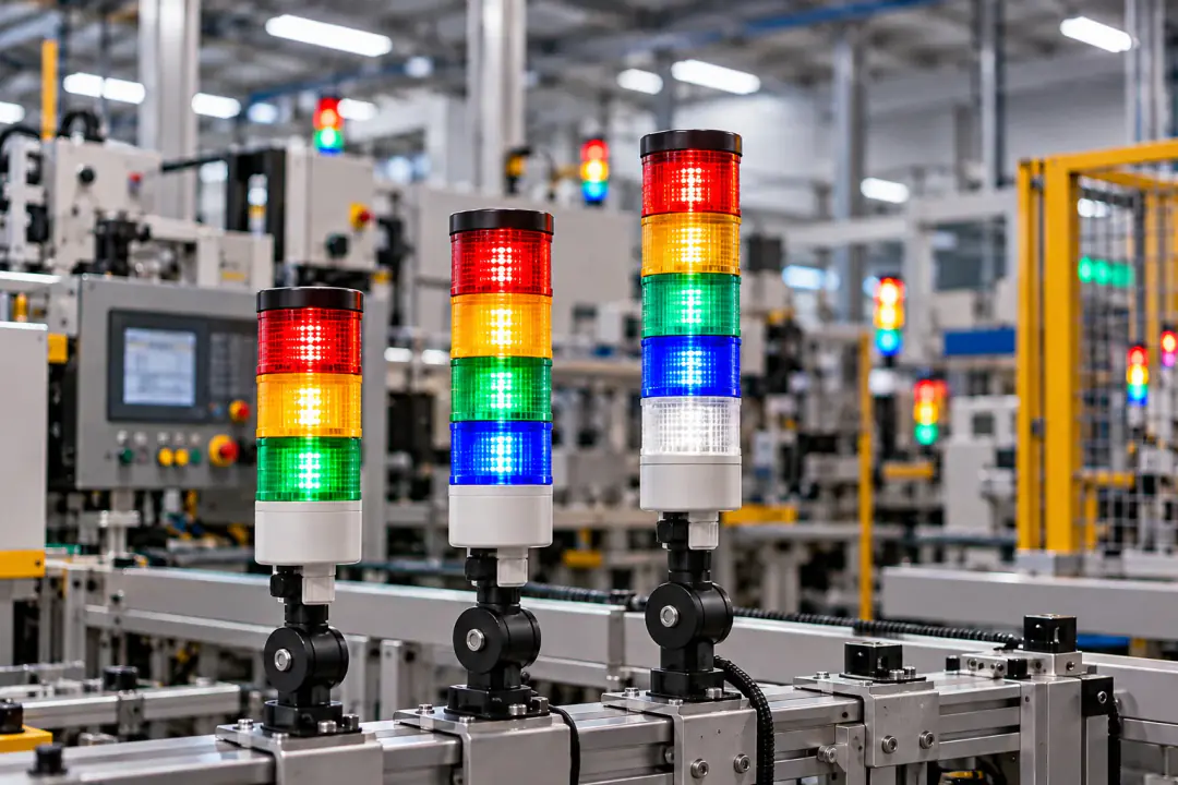 Three Andon stack lights lit on an automated factory line: a three-tier red, amber and green light, a four-tier light adding blue, and a five-tier light adding white, with more tower lights glowing on machines behind them